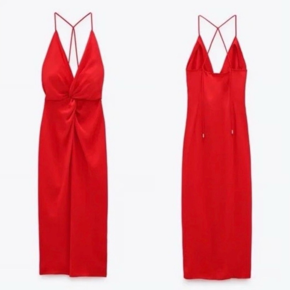 Zara Red Midi Slip Dress with Twist Front